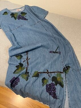 Vintage Denim Chambray Maxi Dress XL Modest Novelty Grapes Festival